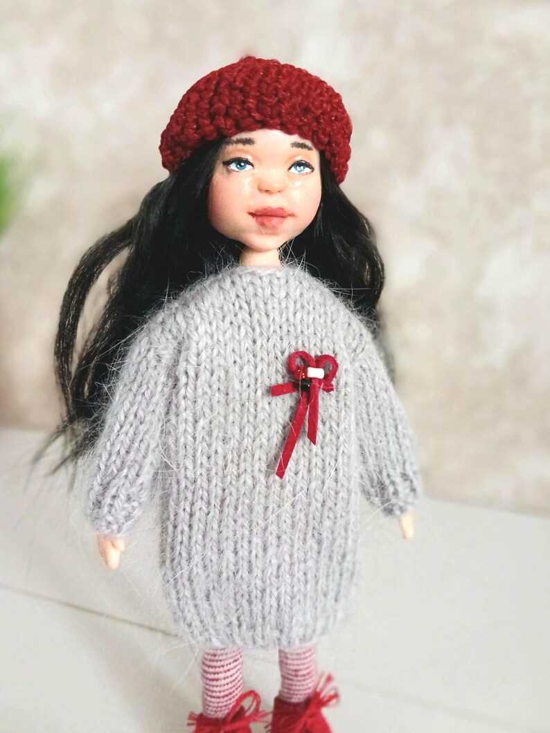 OOAK Miniature Polymer Clay Doll, Knitted Dress, Red Beret, 15cm image 3