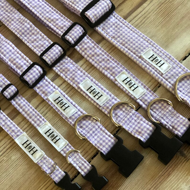 Hetty & Huxley lilac gingham pet collars - all 6 sizes