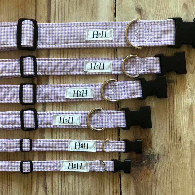 Hetty & Huxley lilac gingham pet collars - all 6 sizes