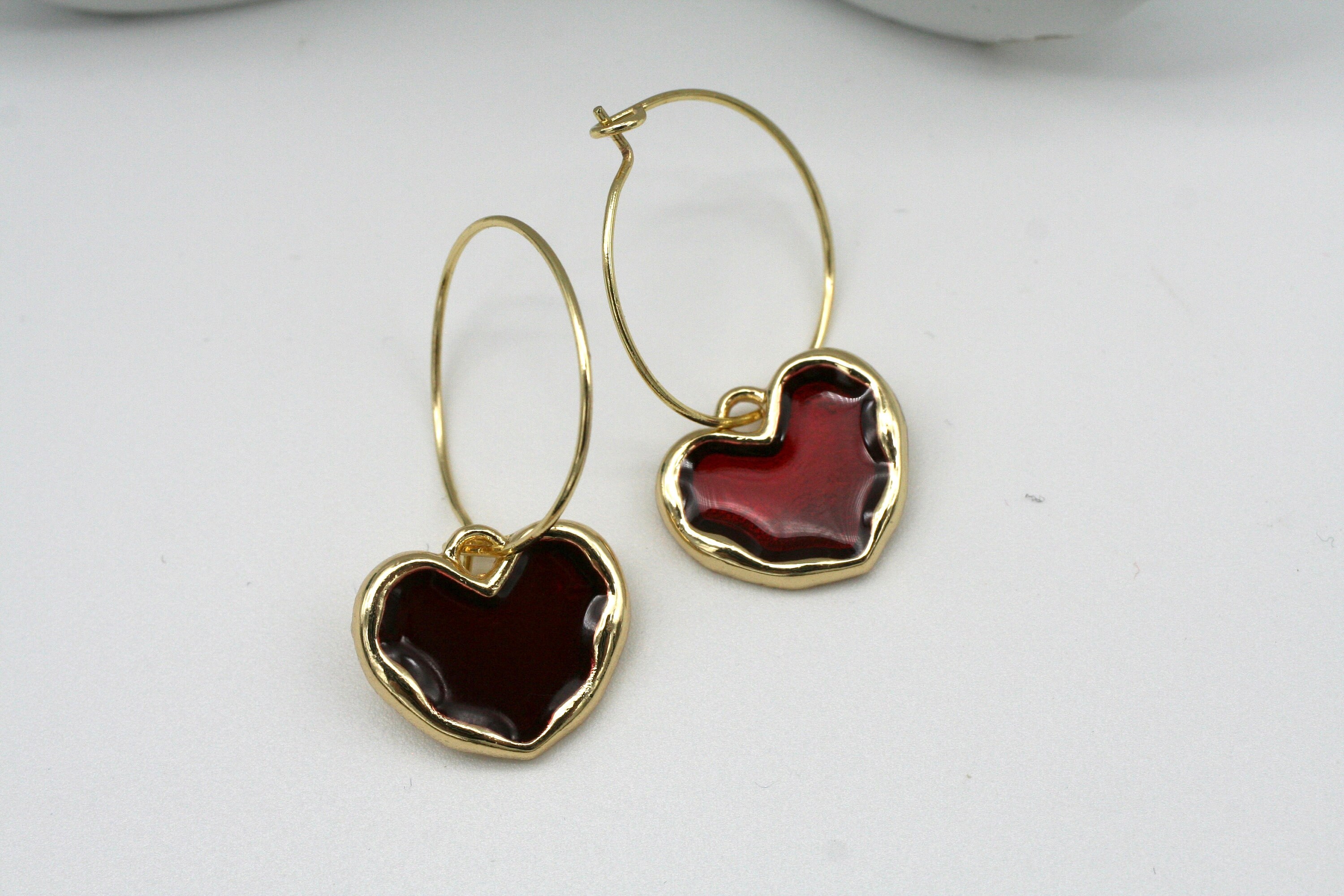 Red Heart Earrings- Heart Jewelry- Gold Hoop Earrings- Valentine ...