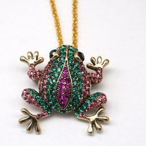 Frog Necklace- Crystal Frog Necklace- Necklace Pin- Vintage Style Necklace- Whimsical Necklace- Green Pink Necklace- Frog Lover Gift