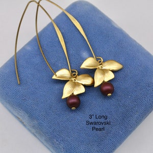 Burgundy Pearl Earrings- Gold Flower Earrings- Orchid Flower Earrings- Bridesmaid Earrings- Bridal Earrings- Long Flower Drop Earrings