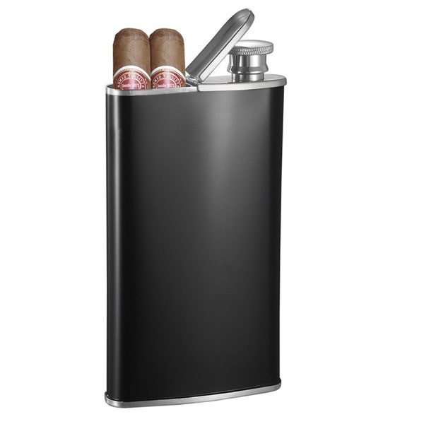 Personalized 4 oz Flask with Built-in Cigar Case - Visol Edian Stainless Steel Flask/Cigar Case