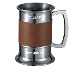 Visol Personalized 18 oz Brown Leather Wrapped Stainless Steel Beer Tankard, Stein, Mug - Free Engraving!