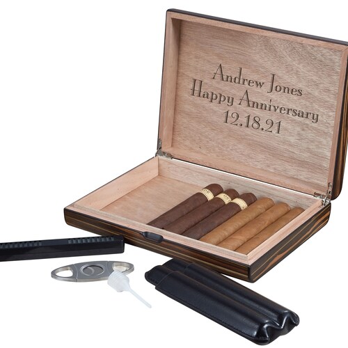 Personalized Visol Jerrod Ebony Wood Desktop Humidor Gift Set - Includes Case and Cutter - shops Free Engraving!