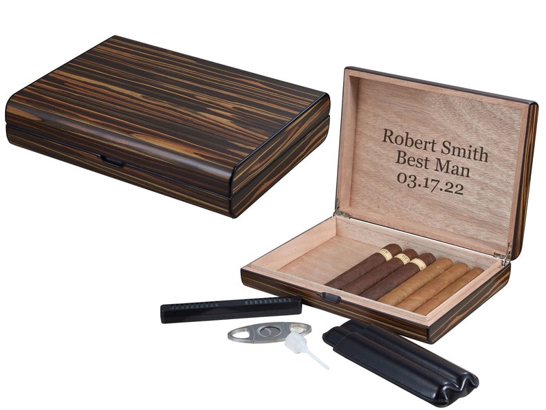 Personalized Visol Jerrod Ebony Wood Desktop Humidor Gift Set - Includes Case and Cutter - shops Free Engraving!
