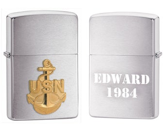 Personalized Zippo Navy Anchor Emblem Brushed Chrome Lighter - Free Engraving!