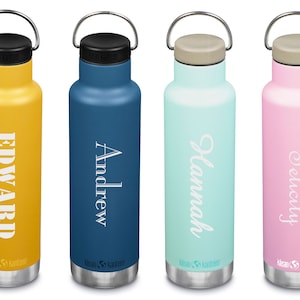 May include: Four stainless steel water bottles with personalized names: Edward, Andrew, Hannah, and Felicity. The bottles are yellow, blue, light blue, and pink.
