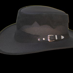 May include: A black wide-brimmed hat with a mesh panel and a leather band with a buckle.
