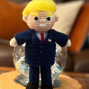 Originally designed President Trump/ Donald J Trump #45 #47 Handmade Crochet Collectible Doll with Handmade Crocheted American Flag Pillow