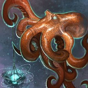 May include: A brown octopus with intricate patterns on its skin is holding a glowing orb with a blue light. The octopus is against a dark purple background with white speckles.