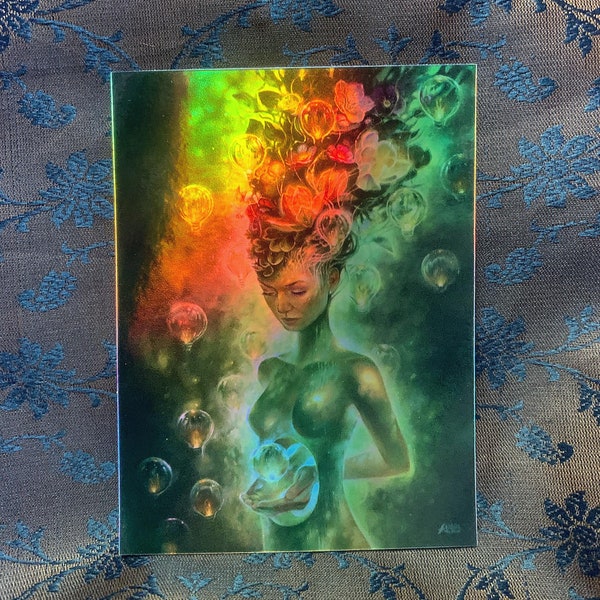 The Light Grows Within, Holographic Sticker, Earth Goddess, Gaia Art, Conscious, Eco, Pagan, Fantasy, Original Art Decal