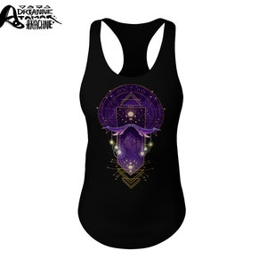 May include: A black tank top with a geometric design featuring two whales, a crescent moon, and stars in shades of purple and gold.
