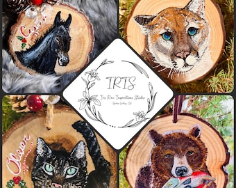 Adorno para mascotas pintado a mano, Adorno para mascotas personalizado, Adorno para mascotas con rodajas de madera, Adorno para mascotas de Navidad, Arte de madera pintada, Retratos de mascotas pequeñas.