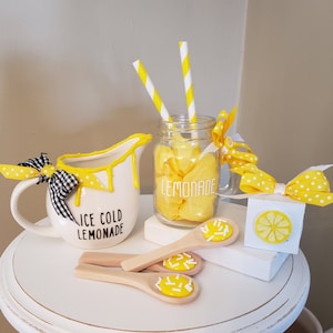 LEMON tiered tray decor - farmhouse - mini mason jar - mini ceramic pitcher lemonade - mini wooden spoonsLemonade - Summer - Yellow Lemons