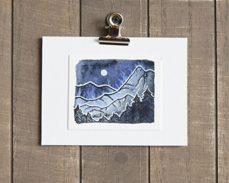 Dark Mountain and Pine Tree Landscape Painting Watercolor Painting