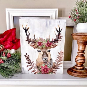 Christmas Reindeer Painting, Christmas Decor, Farmhouse Decor, Farmhouse Painting, Winter Art, Reindeer Shelf Sitter, Floral Reindeer