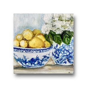 Lemons & Hydrangeas, Fruits and Flowers Print, Still Life Art Print, Chinoiserie art, Wall Art, Gallery wall decor, Blue and White decor