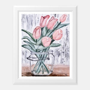 Tulips Art Print, Tulips Painting, Pink Tulips in a Vase, Original Art Print, Farmhouse Decor, Floral Art Print, Giclee Print, Flower Print