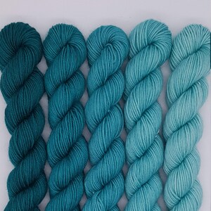May include: Five skeins of yarn in shades of blue and green, arranged in a gradient from dark to light.