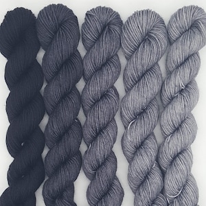 Black Gradient Set | Five (5) 20g Mini-skeins | Hand Dyed Yarn | Merino wool