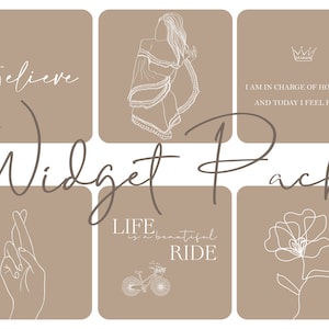Puede incluir: Un conjunto de seis widgets digitales para teléfono con fondo beige y texto e ilustraciones blancas. Los widgets presentan frases como "Cree", "Estoy a cargo de cómo me siento y hoy me siento feroz", "La vida es un viaje hermoso", y "Paquete de widgets".