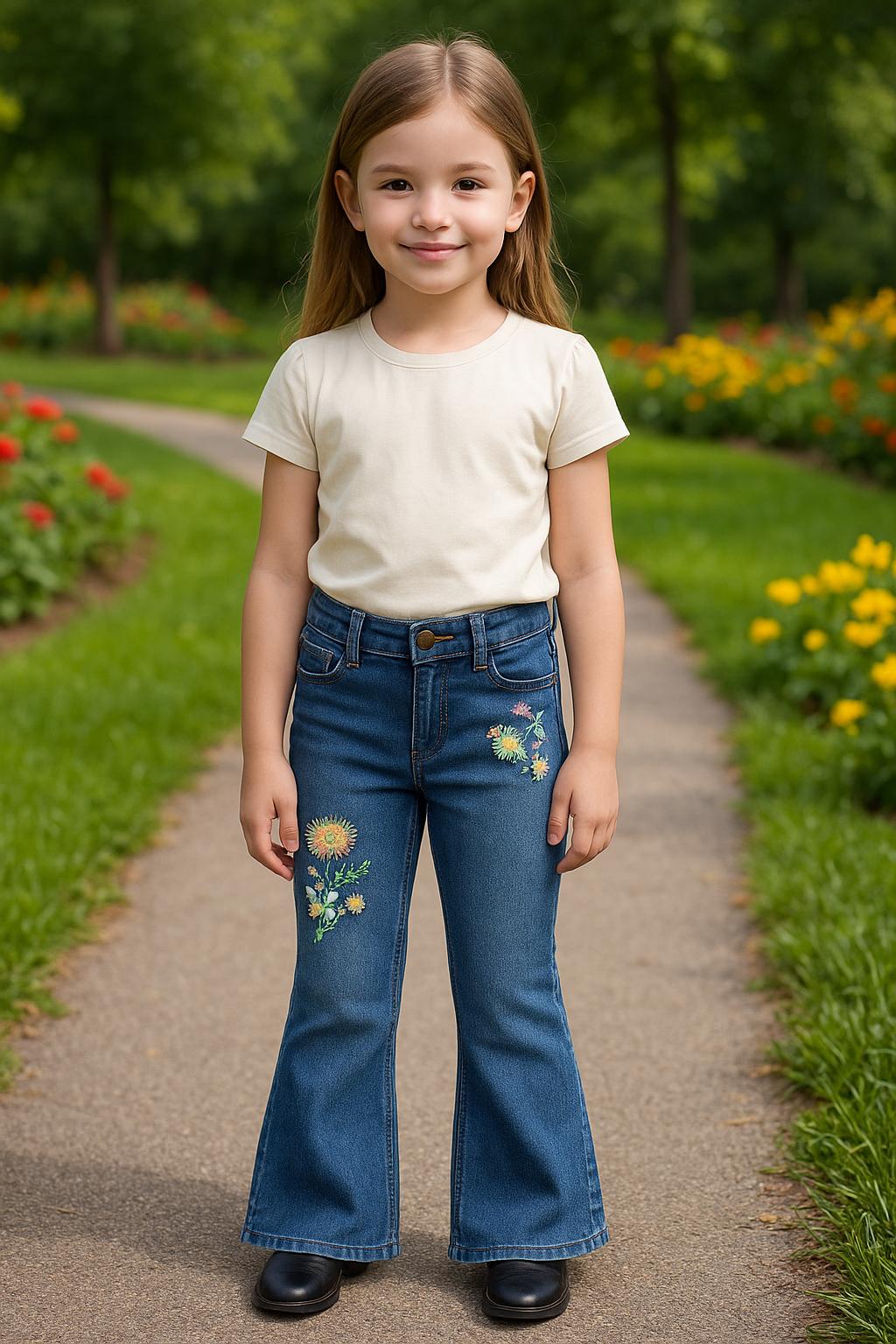 Girls Floral Embroidered Flare Jeggings - Stretch Pull-On Denim Legging Pants for Kids, Faux Front Pockets, Comfy Elastic Waist