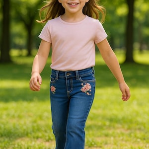 May include: A young person wearing a light pink t-shirt and blue jeans with floral embroidery. The jeans have a flared leg design. The person is walking on green grass, with trees in the background.