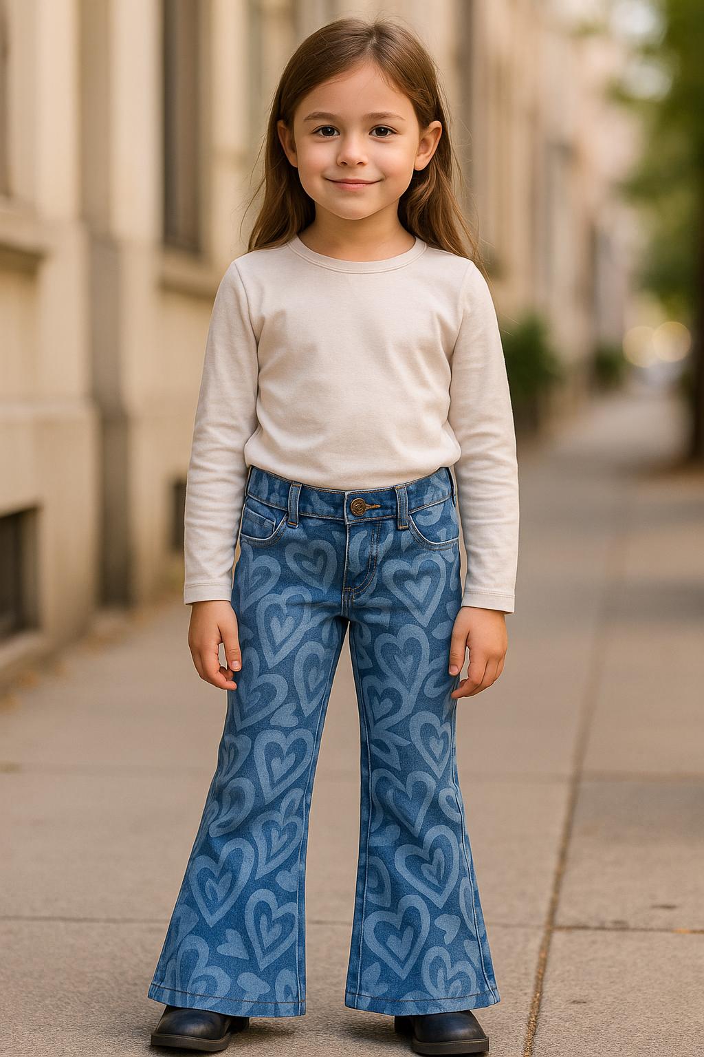 Girls Heart Print Pull-On Jeggings, Stretch Flare Leg Jeans for Kids, Faux Pocket Soft Denim Pants, Trendy Pull Up Pants for Girls