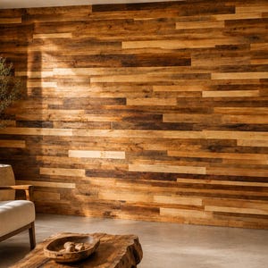 May include: A feature wall constructed from horizontal wooden planks in shades of brown and tan. The room has a neutral colour scheme, with a beige armchair and a wooden coffee table. The wall is the main focus.