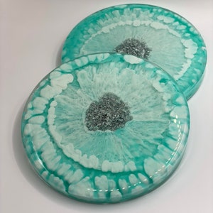Teal and White Round Coasters, Set of 2 Teal and White Round Coasters, Home Decor, Functional Art, Teal and Silver Decor