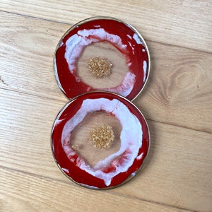 Red and White Resin Coasters with Gold Flakes - Set of 2