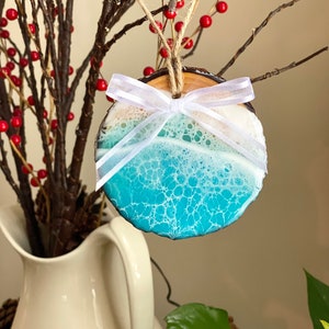 Handmade Ocean Wave Wood Slice Christmas Ornament: Beach Lover Gift