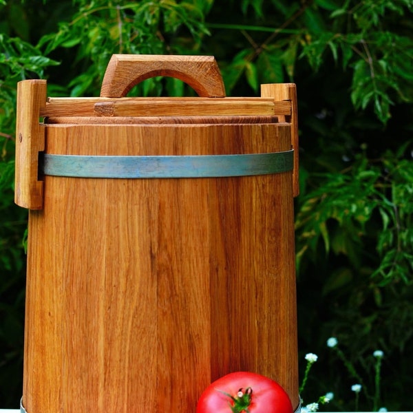 Fût en chêne [10 L — 20 L] avec couvercle + support | Récipient en bois pour cornichons et choucroute respectueux de l'environnement / Seau en bois de chêne - Cruche de fermentation