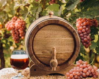Oak Wine Dispenser 0.8-1.3 Gallons, Handcrafted Conical Wood Barrel w/ Stand & Tap | Rustic Home Bar Decanter Gift for Wine Lovers