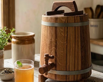 Personalized Kombucha Oak Barrel w/ Countertop Stand & Wood Tap, Custom Wooden Continuous Brew Cask | 0.5-1.3 Gal Beverage Jar