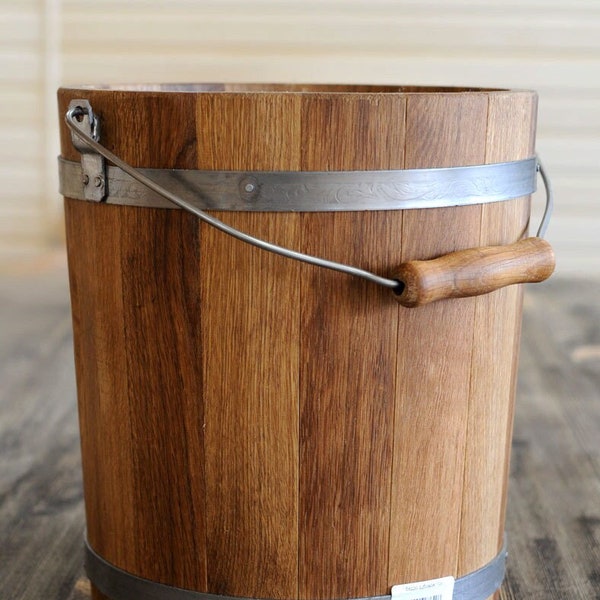 Wooden Oak Bucket [15L] Sauna Accessories / Round Water Pail with Handle — Traditional Cooperage > Rustic Whiskey Barrel