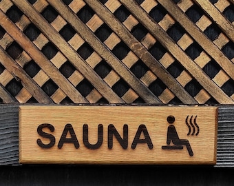 Sauna Sign — Oak personalized Plate , Bathhouse Door Decor ⋯ Sauna Room Accessories / Pool & Spa Parts - Custom Name Plate