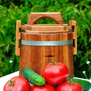 オーク樽 [3L — 5L] 蓋付き | ピクルスやザワークラウト用の木製容器 環境に優しい / オーク材の木製バケツ - 発酵壷