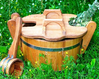 Пароварка для деревянной сауны [23L] Дубовое ведро с крышкой / Русская баня - Ковш для воды для парения веника для сауны