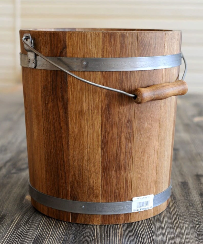 Wooden Oak Bucket 15L Sauna Accessories / Round Water Pail with Handle Traditional Cooperage Rustic Whiskey Barrel image 1