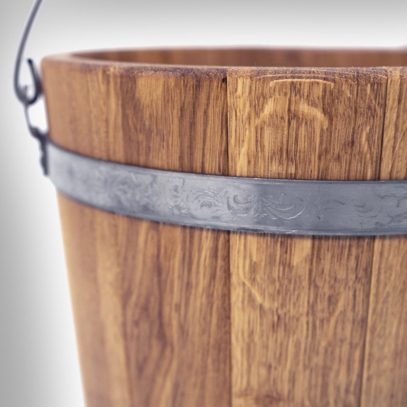 Wooden Oak Bucket 15L Sauna Accessories / Round Water Pail with Handle Traditional Cooperage Rustic Whiskey Barrel image 4