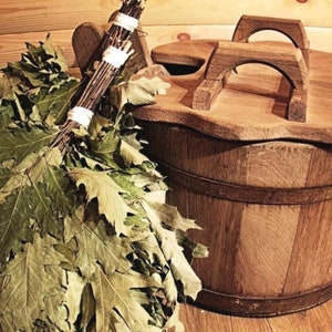 Wooden Sauna Steamer [35L] Oak Bucket with Lid / Russian Bath - Water Ladle for Sauna Broom Steaming