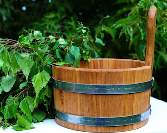 Wooden Sauna Bucket — Oak Tub [3L - 10L] small Wash Tub for Russian Bath \ Water Pail with Handle, Bathing Ladle, Wooden Vessel, Bathhouse