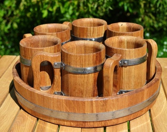 Handmade Mug with Tray / Wooden Oak Beer Cup 0.5 L, Tankard, Barrel, Tavern Beer Mug SET for 3—6 persons [Gift for Men]