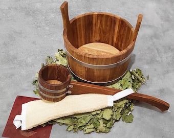 Wooden Sauna Bucket & Wooden Sauna Scoop [SET-3] Oak Ladle and Small Wash Tub with Handle for Finnish smoke Sauna  / Gift Idea for Bathhouse