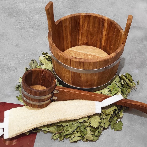 Wooden Sauna Bucket & Wooden Sauna Scoop [SET-3] Oak Ladle and Small Wash Tub with Handle for Finnish smoke Sauna  / Gift Idea for Bathhouse