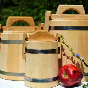 Wooden Barrel [1L , 3L , 5L] with Lid | Honey Jar — Kitchen Storage Container for Serving Tea , Sugar , Salt , Herbs / Fermentation Crock