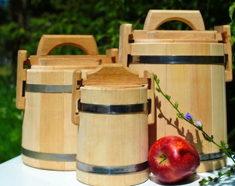 Wooden Barrel [1L , 3L , 5L] with Lid | Honey Jar — Kitchen Storage Container for Serving Tea , Sugar , Salt , Herbs / Fermentation Crock
