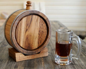 Personalized Oak Whiskey aging Barrel [2 Liters] — 8" Wood Canteen with Stand